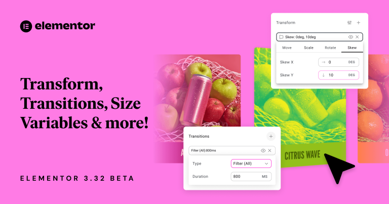 Elementor 3.32 Alpha – нови функции: трансформации, преходи и size variables